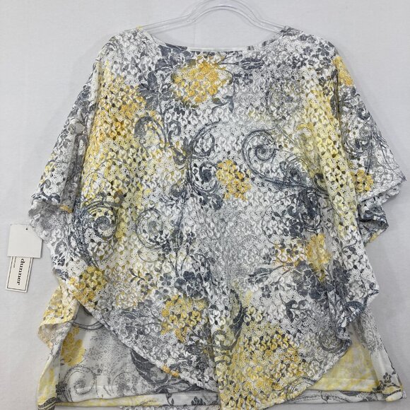 New Alfred Dunner size XL Yellow Gray Abstract Lace Overlay Poncho Top Artsy - Picture 7 of 8